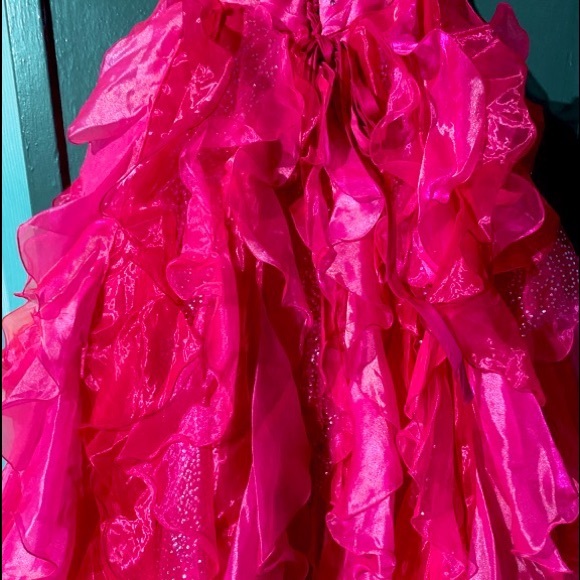 Strapless Pink PROM DRESS WITH IRIDESCENT EMBROIDERED bodice with ruffle bottom. - Picture 2 of 11